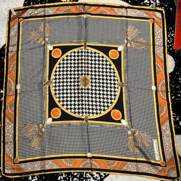 Christian Dior AUTHENTIC Herringbone Logo Vintage Silk Scarf Navy Orange Cream - Picture 4 of 16